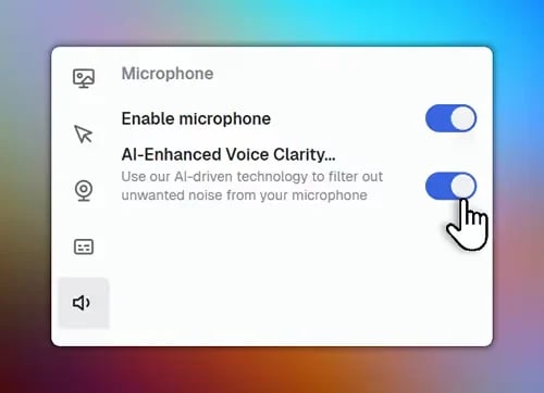 A UI settings panel showing microphone options. The 'AI-Enhanced Voice Clarity' toggle is being turned on, with a cursor clicking the switch. The panel appears over a colorful gradient background.