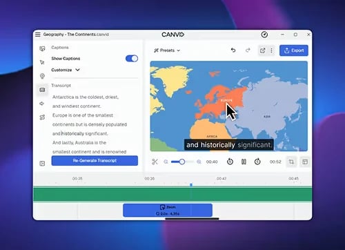 The Canvid app showing a project with a world map and on-screen captions