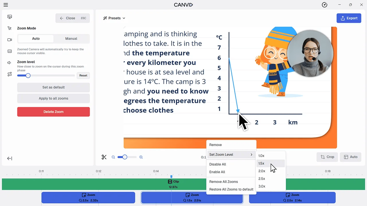 CANVID editor showing automatic zoom points in a screen walkthrough