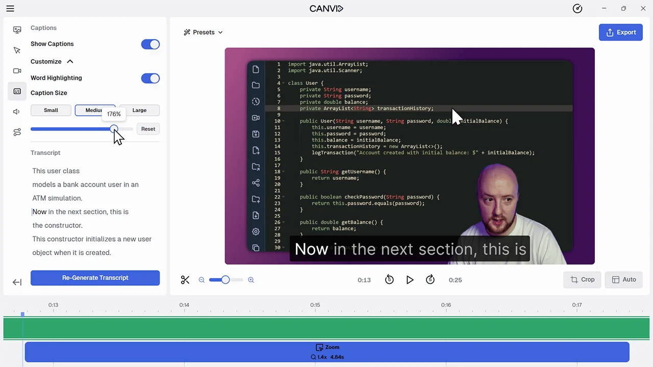 CANVID editor showing caption settings for a narrated recording