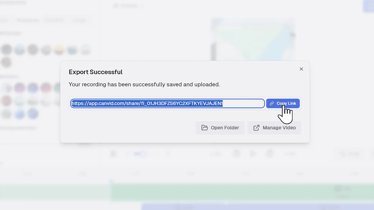 CANVID showing a shareable video link after export