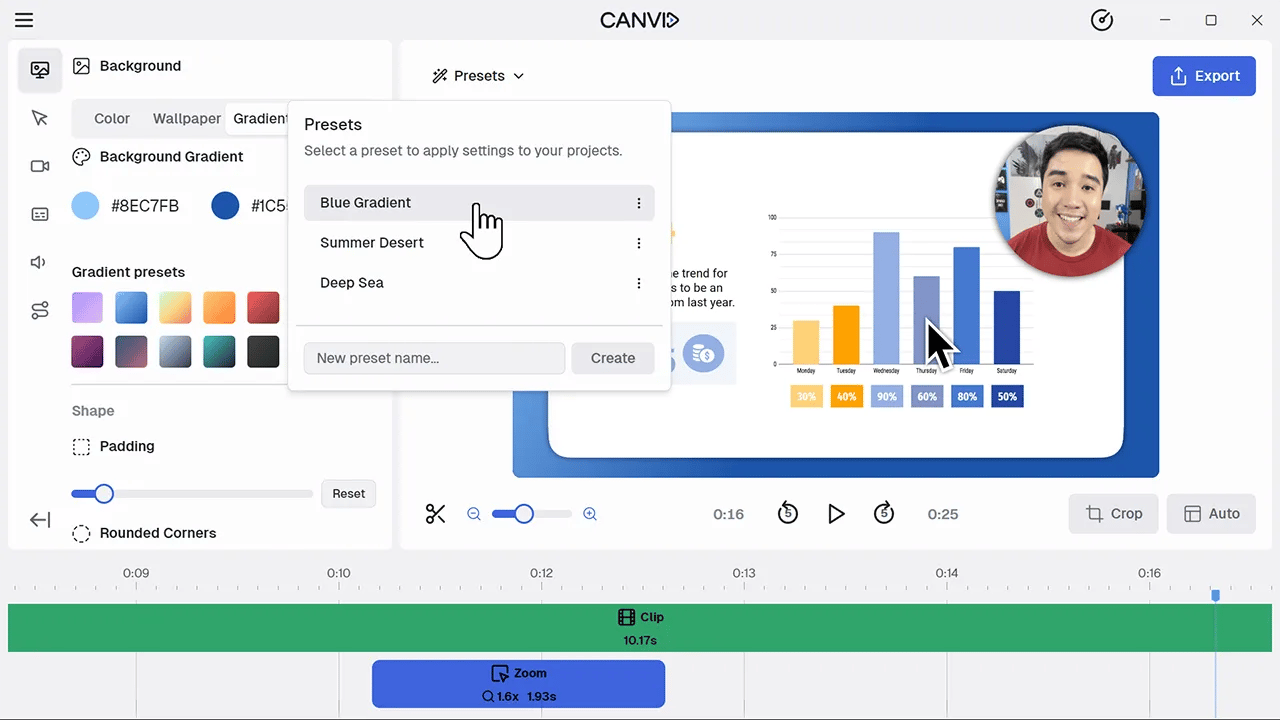 CANVID editor showing saved presets beside camera and visual customization controls