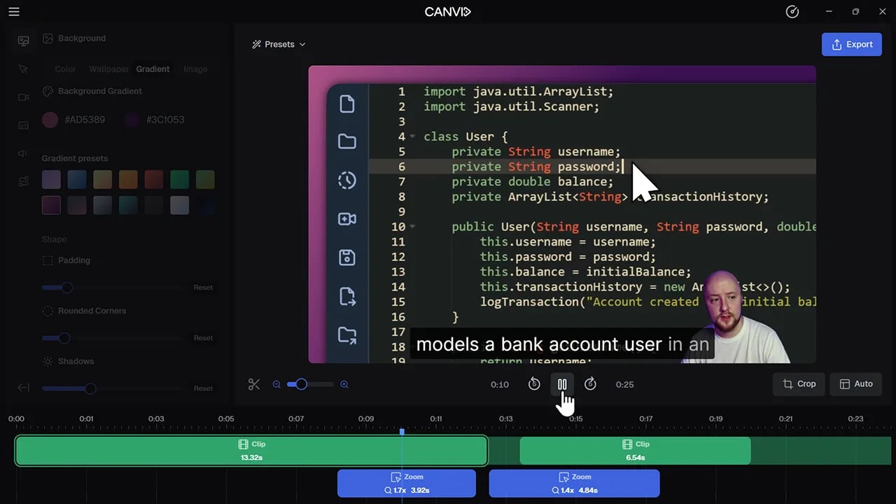 CANVID editor showing a narrated coding walkthrough with captions