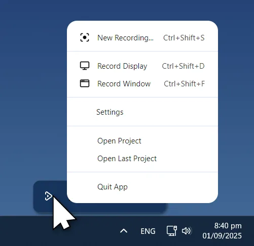 CANVID tray menu with options: New Recording, Record Display, Record Window, Settings, Open Project, Open Last Project, and Quit App.