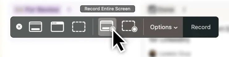 A screenshot of Mac's built in screenshot tool with a large cursor hovered over the "Record Entire Screen" option.