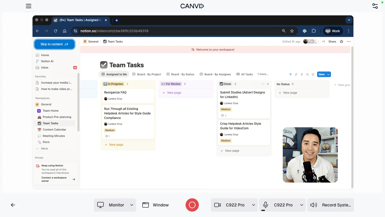 A screenshot of the CANVID app on the pre-recording screen, showing a camera, a chrome window and device selection options at the bottom with a big red record button.