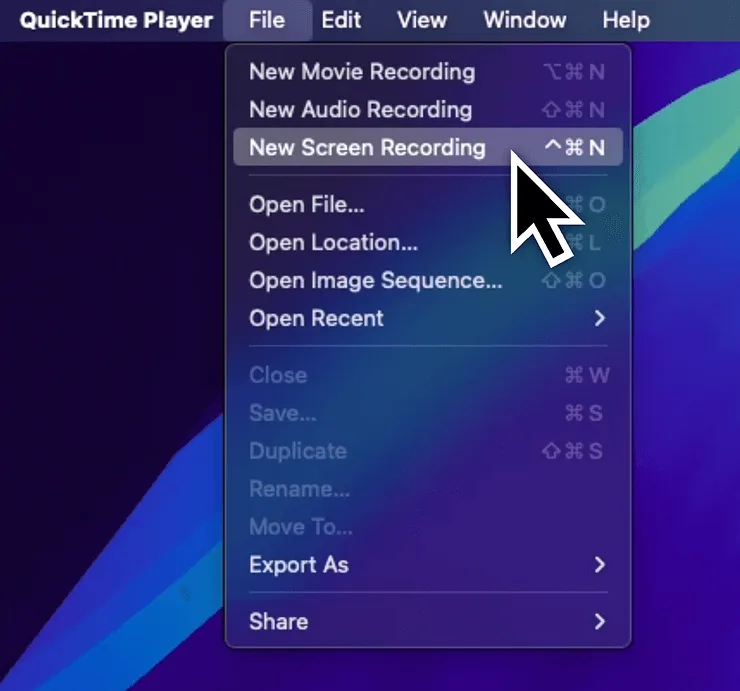 A screenshot of the file menu from QuickTime player, with the cursor hovered over "New Screen Recording"