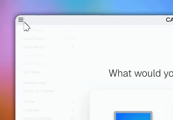 UI walkthrough of navigating the File menu to access saved Local and Cloud recordings in Canvid.