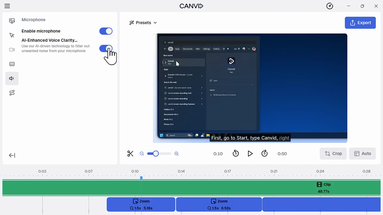 Canvid timeline and live preview displaying zoom-in animation on screen recording while AI Voice Clarity is enabled.