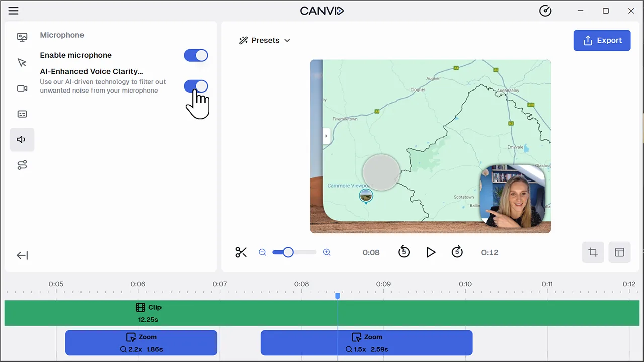 User toggling AI-Enhanced Voice Clarity in Canvid's audio settings to filter out background noise from microphone audio.