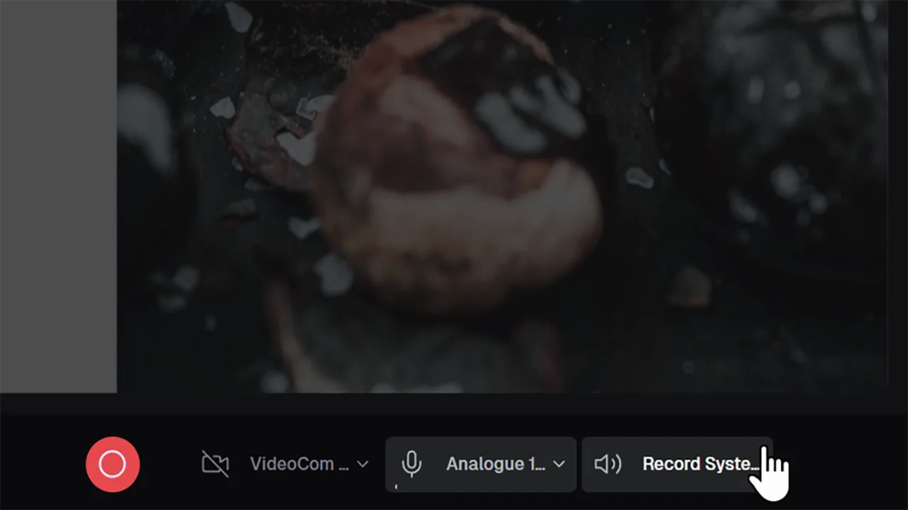 Cursor hovering over the “Record System Audio” button in the Canvid interface while setting up a screen recording.