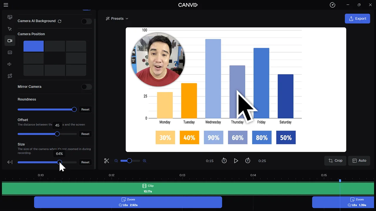 Adjusting webcam size and offset while reviewing a screen recording with a webcam overlay.
