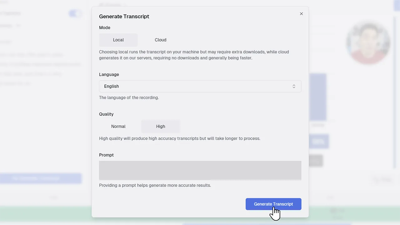 Generate Transcript modal in Canvid showing options for mode (Local or Cloud), language selection, transcript quality, and an optional prompt field. A cursor is hovering over the Generate Transcript button.