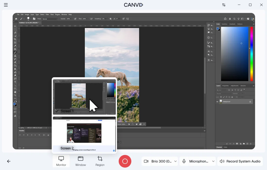 The Canvid screen recording interface showing a browser window ready to record, with a source selection preview displaying available screens. A cursor is hovering over the screen preview.