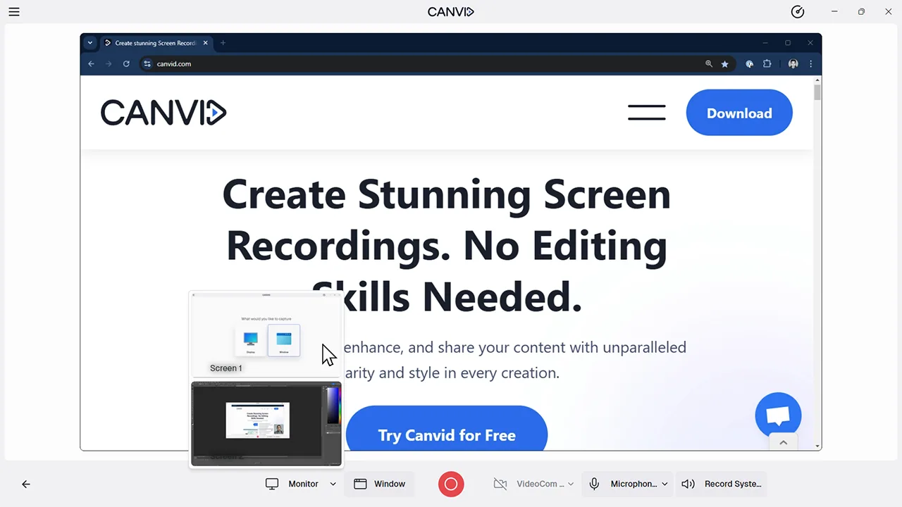 The Canvid screen recording interface showing a browser window ready to record, with a source selection preview displaying available screens. A cursor is hovering over the screen preview.
