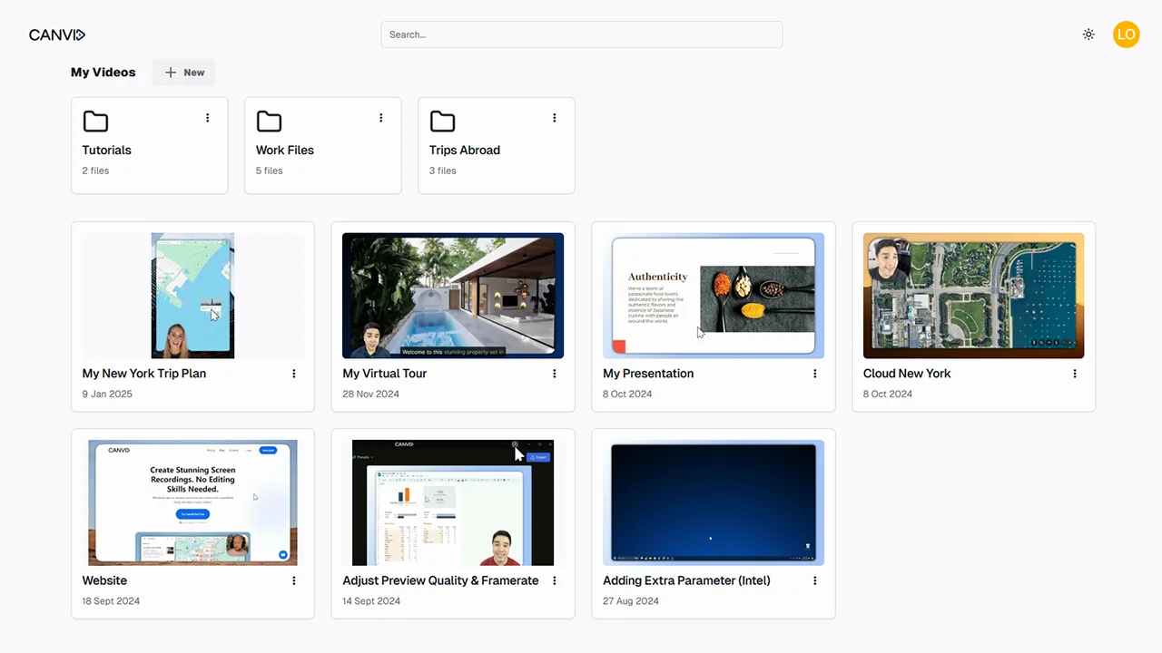 Canvid cloud library view showing organized screen recordings and folders such as Tutorials, Work Files, and Trips Abroad, with video thumbnails and titles displayed in a grid layout.