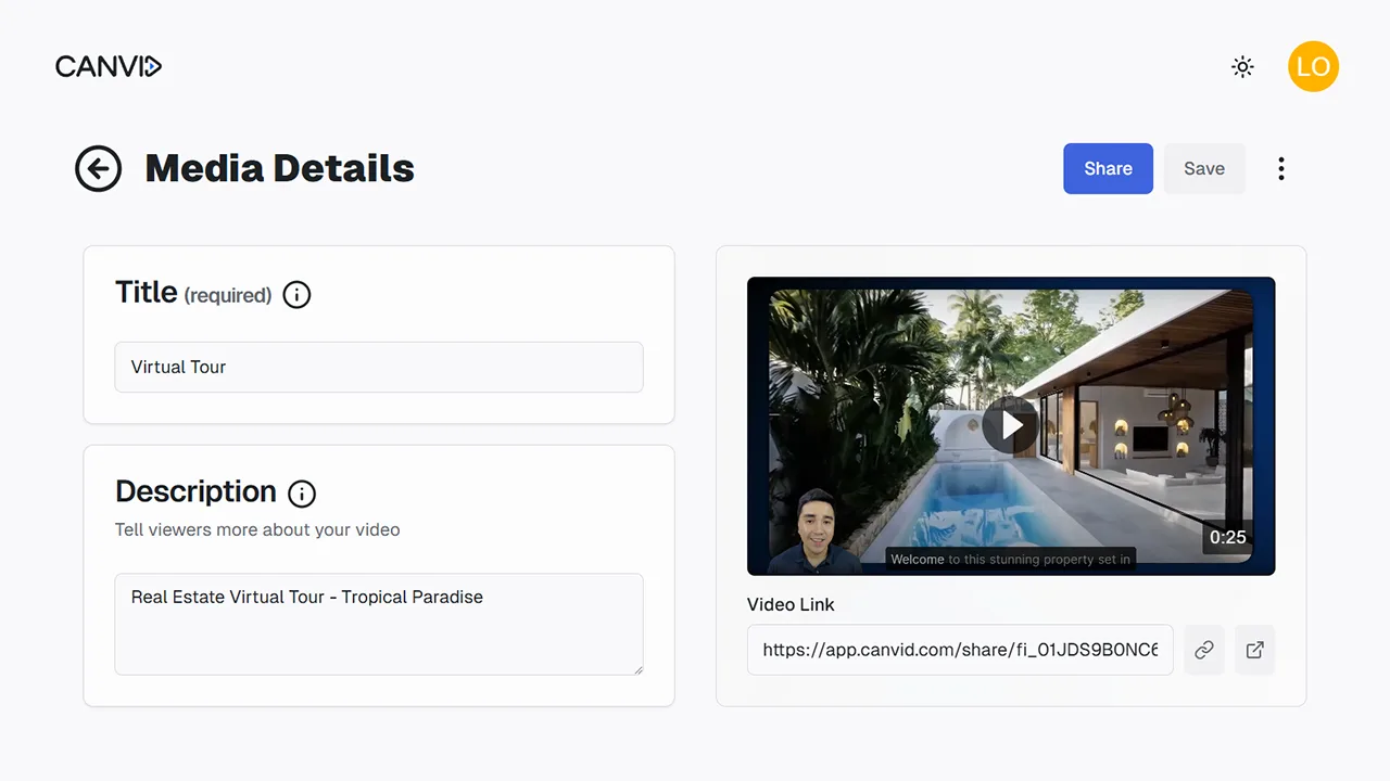 Canvid media details screen showing a video preview, editable title and description fields, and a generated shareable video link for a virtual tour.
