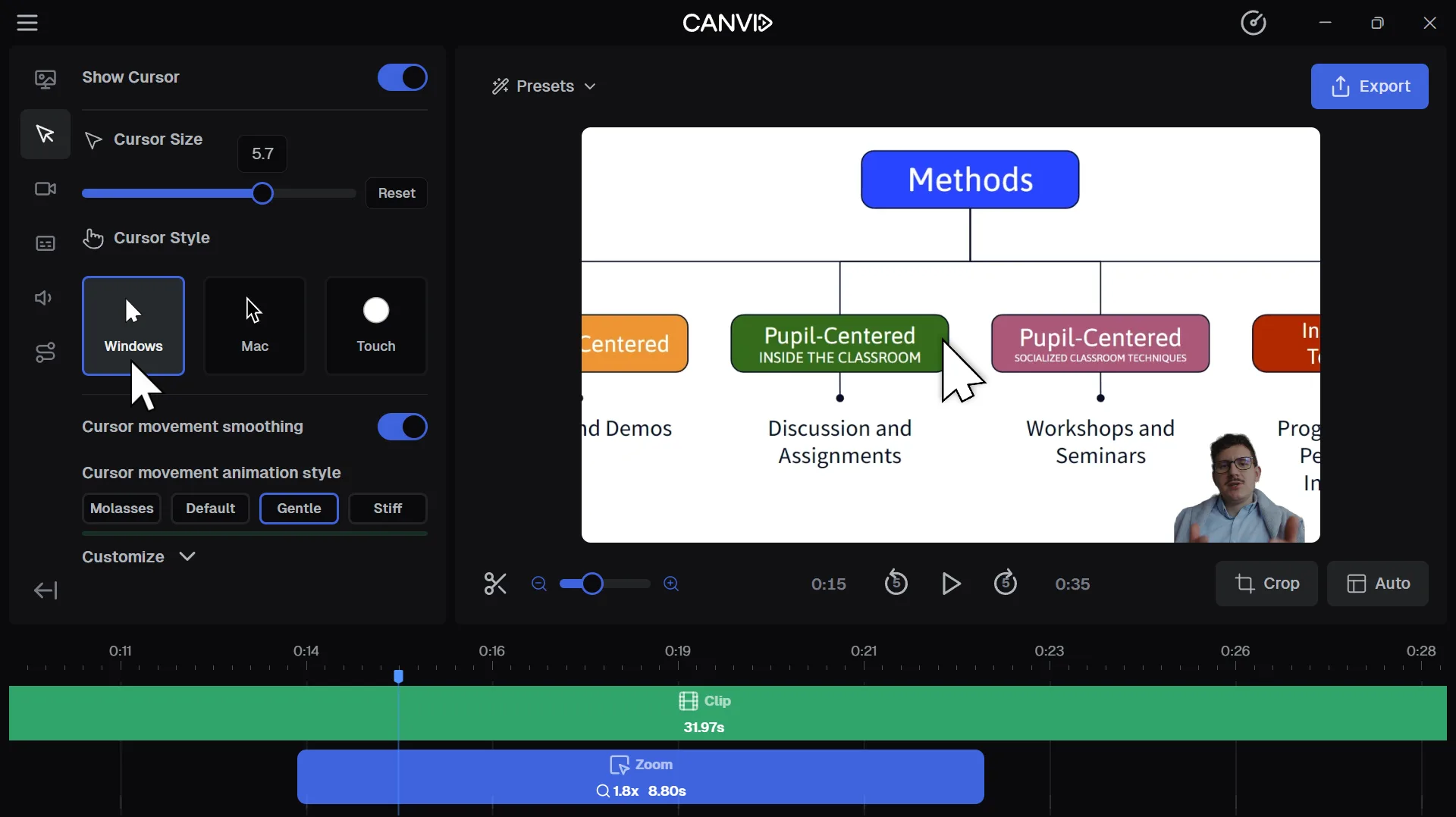 Alternate editor view with Windows cursor selected, smoothing toggled on, and map preview showing the customized cursor as part of the screen recording timeline.