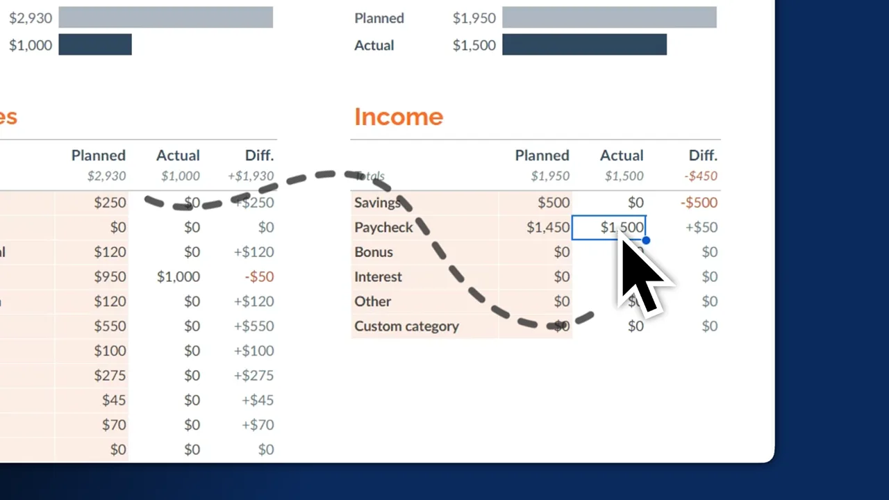 Preview of a financial table with a mouse cursor and a smooth dotted motion trail highlighting updated values.