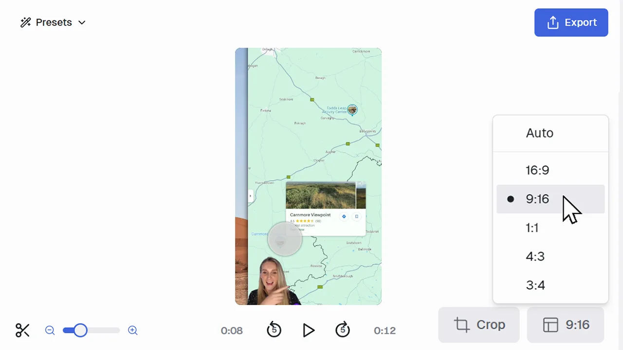 Canvid editor showing custom aspect ratio settings for a screen recording with webcam overlay