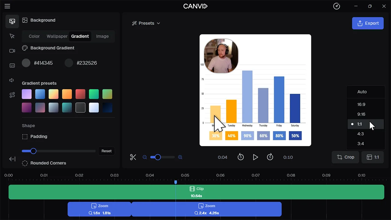 Square project layout in Canvid with timeline controls and chart content
