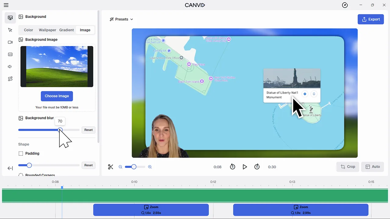 Blur slider being adjusted while using a custom image background in the Canvid editor
