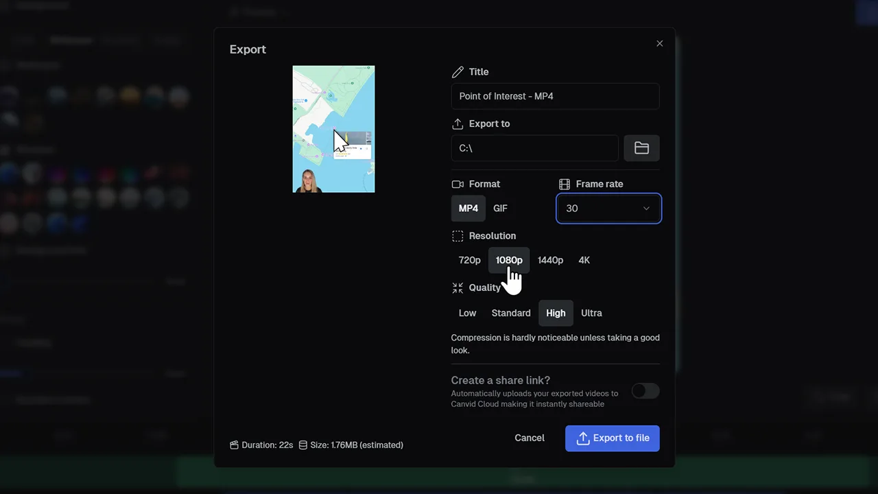 User selecting 1080p resolution and high quality while exporting a screen recording as an MP4 video in Canvid’s export settings.