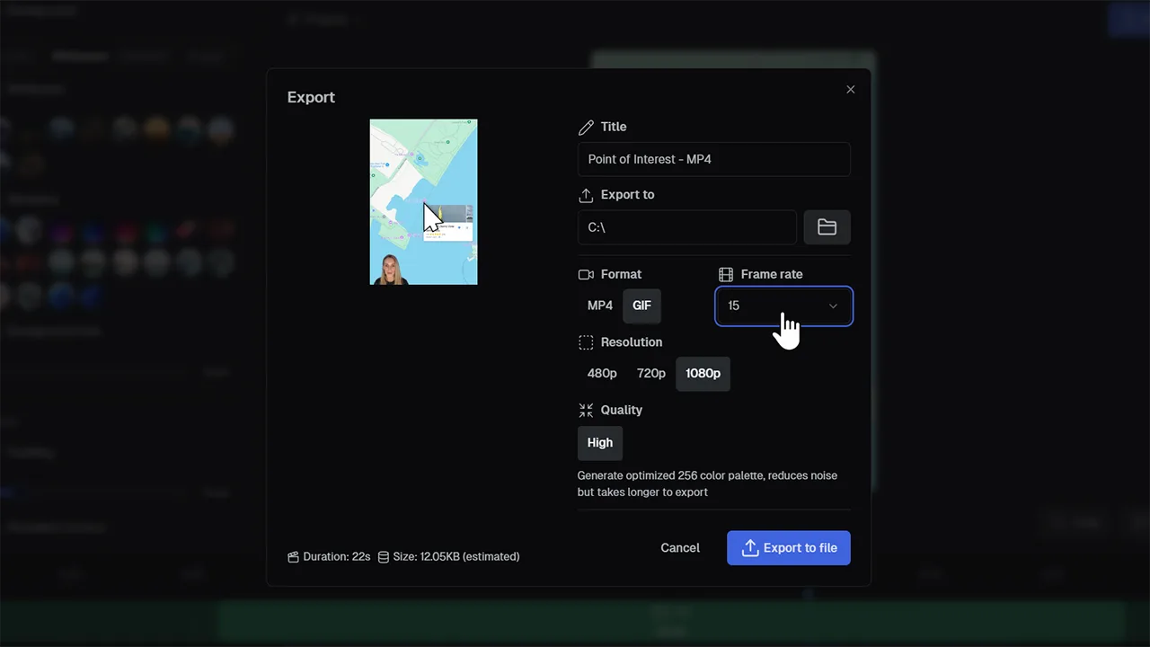 User selecting 15 FPS while exporting a screen recording as a GIF in Canvid, with 1080p resolution and high quality settings enabled.