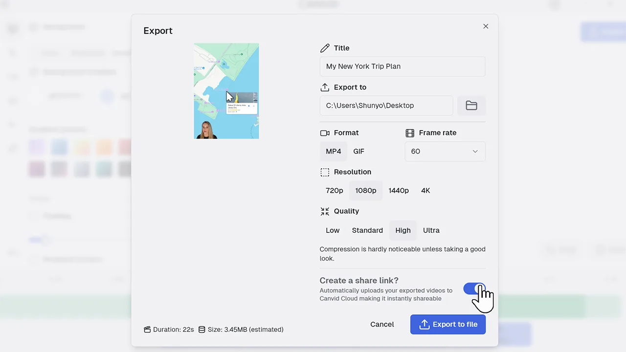 CANVID export dialog showing a screen recording titled 'My New York Trip Plan' with options for format, frame rate, resolution, and quality. The 'Create a share link' toggle is switched on to upload the video to Canvid Cloud.