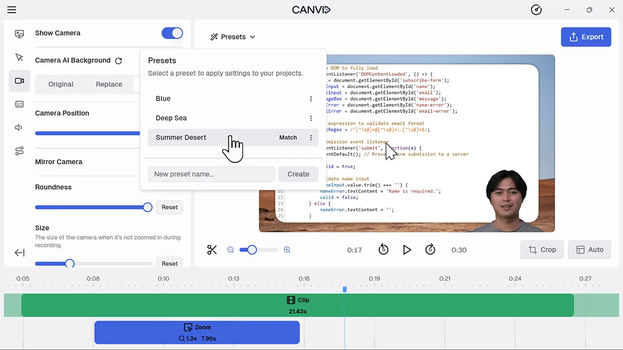 Example of a project in Canvid where a preset has been applied, showing consistent webcam layout and background styling.