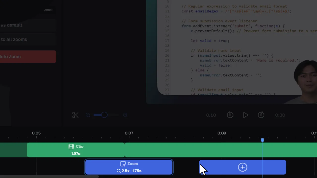 Timeline zoom controls with trimmed clip edges and a split marker under a screen recording track