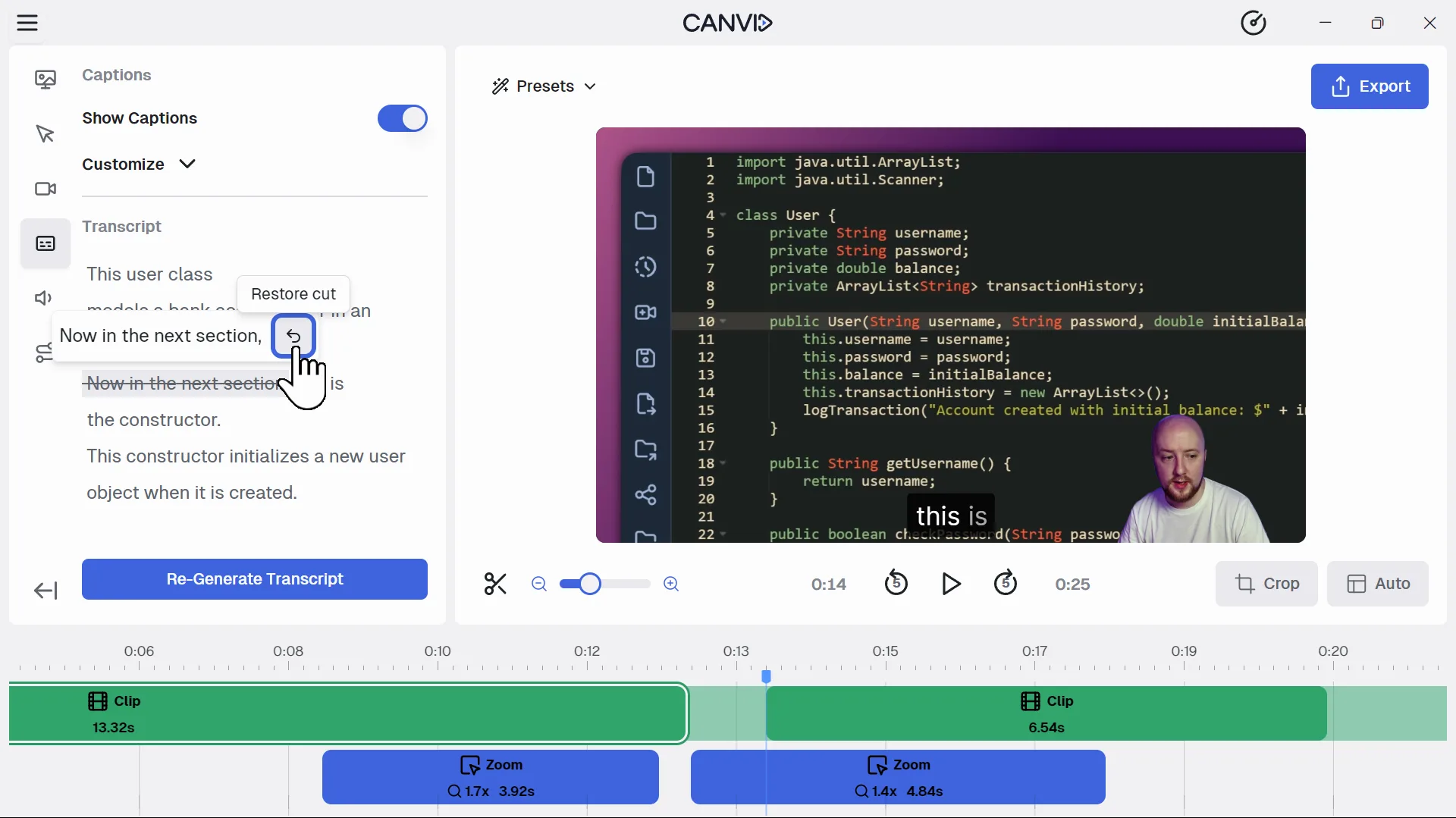 Transcript editing view in Canvid showing the "Restore cut" option for a previously removed sentence. A coding video with captions and webcam overlay is displayed in the preview.