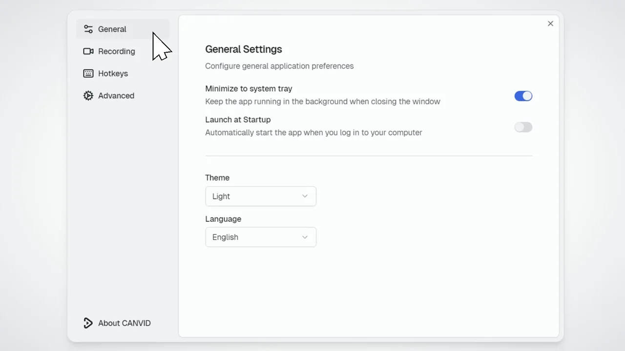 CANVID General Settings panel with theme, language, and startup options