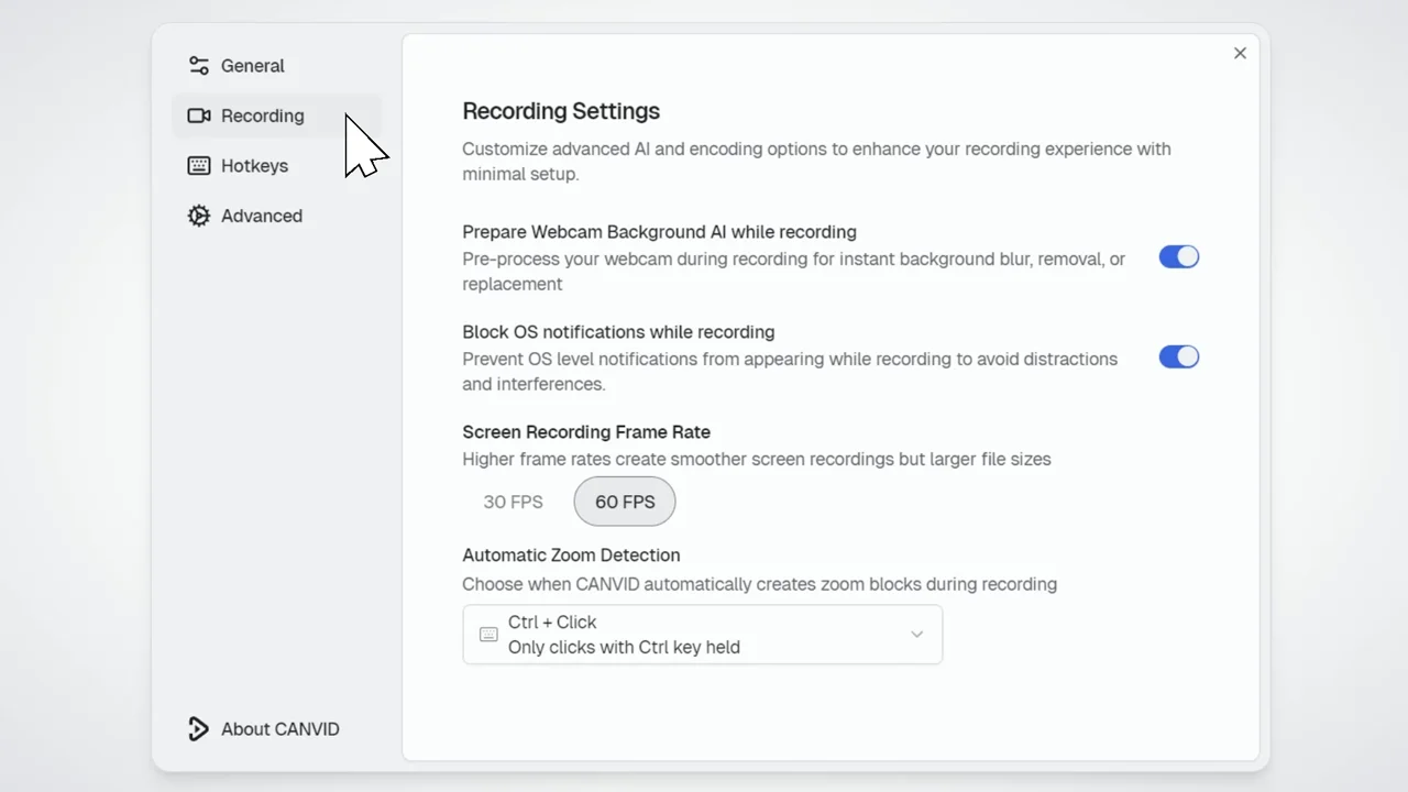 CANVID Recording Settings with frame rate, zoom detection, and notification controls