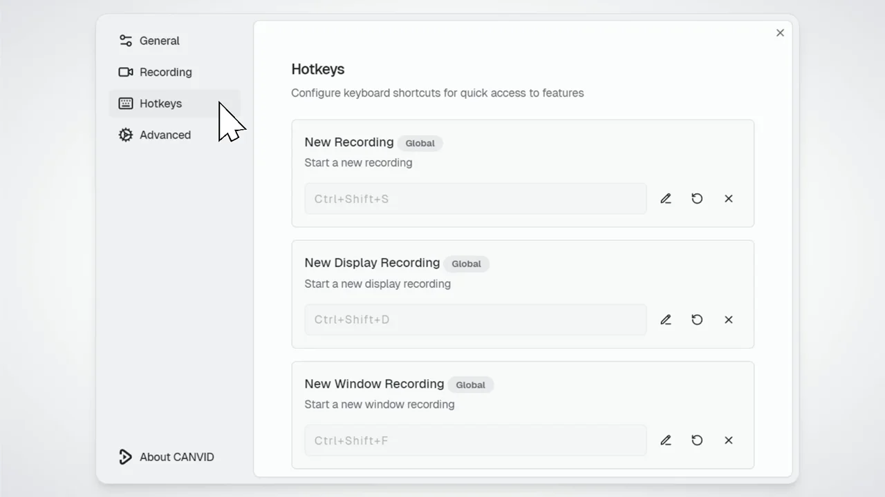 CANVID Hotkeys settings showing keyboard shortcuts for screen recording