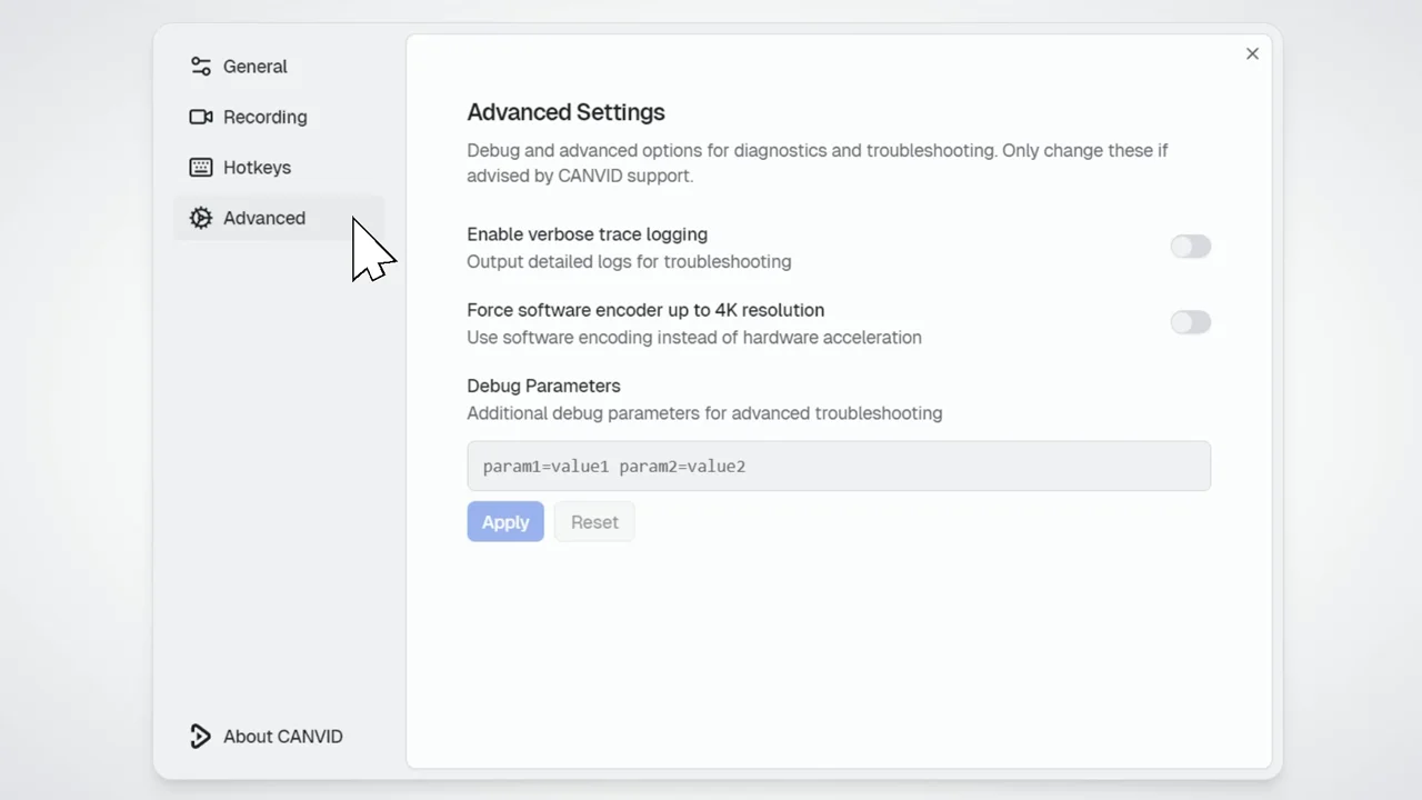 CANVID Advanced Settings with debug options, verbose trace logging, and encoder controls