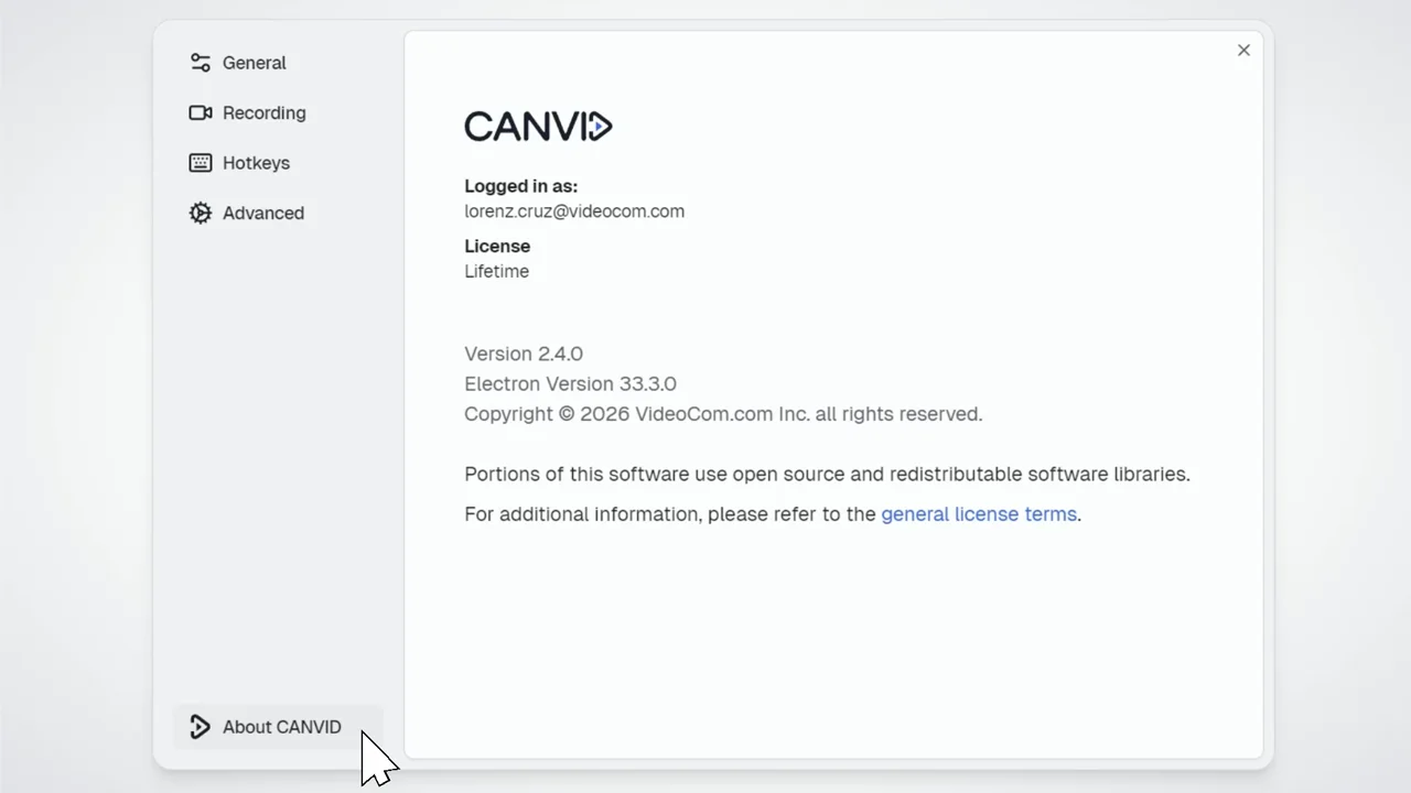 CANVID About page showing account info, license type, and app version