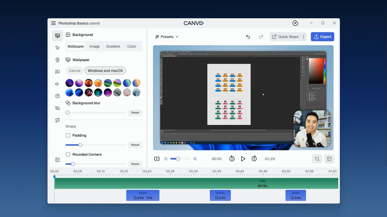 CANVID Editor showing the background sidebar, with the preview showing a photoshop tutorial video