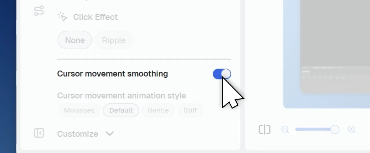 CANVID's Cursor movement smoothing toggled on in the app's Cusros Editor Sidebar