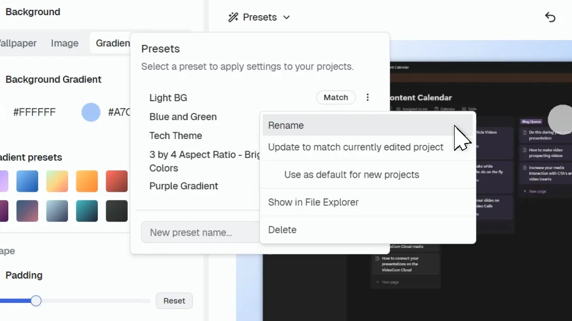 CANVID presets menu showing options like rename, set default, update, and delete for project settings