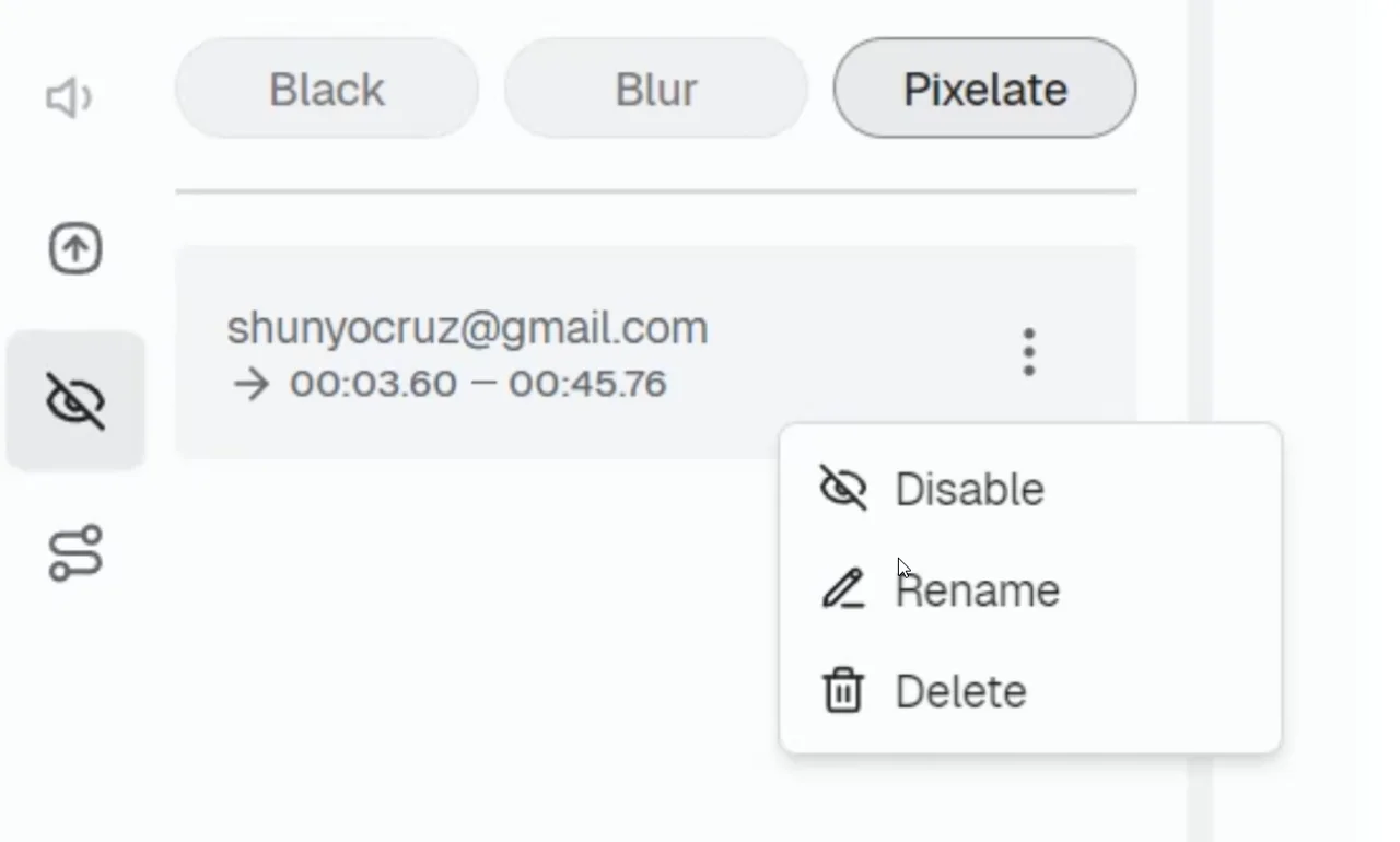 Privacy areas settings showing options to disable, rename, or delete a privacy area instance