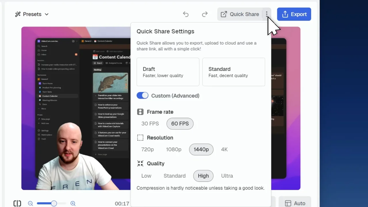 CANVID Editor with quick share options showing